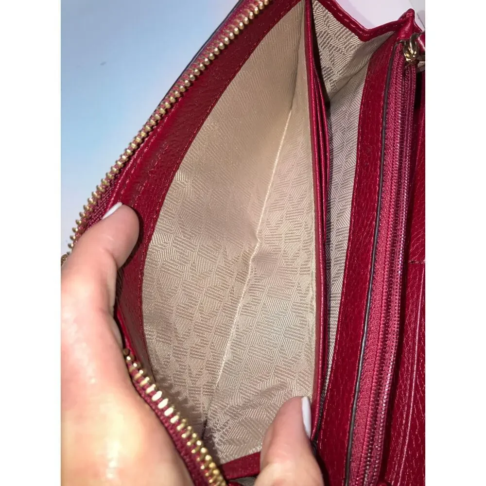 MICHAEL KORS, LARGE RED PEBBLED LEATHER WALLET
